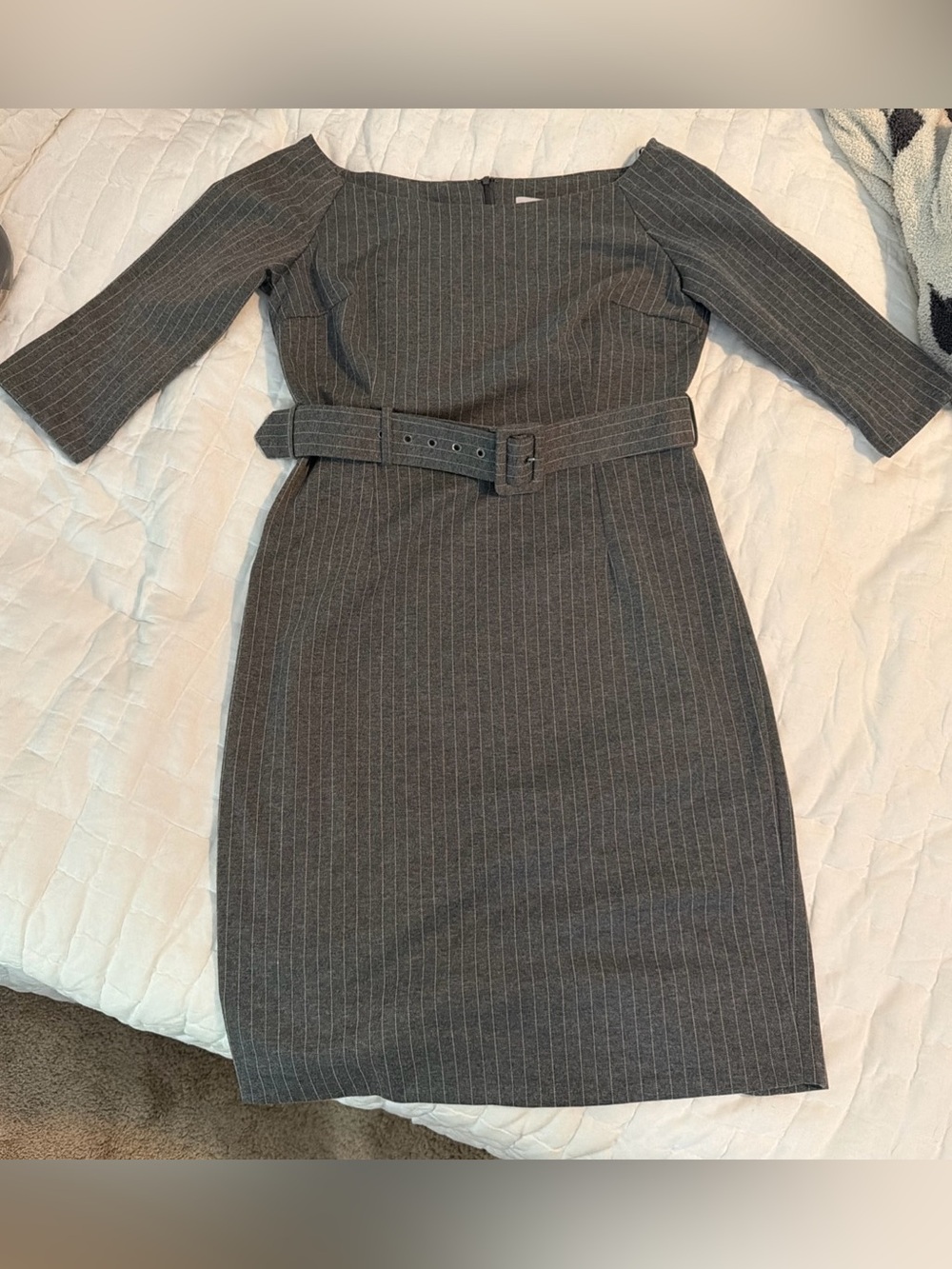 Gretchen Scott Bantau Dress Gray Pinstripe Classy Elegant Pencil L Stretch - Picture 2 of 8